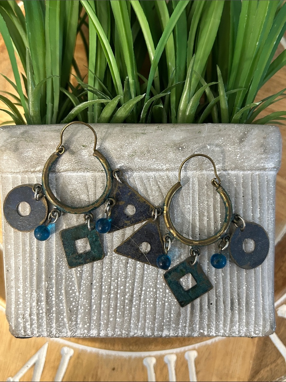 Geometric shaped Hoop Earrings with Teal crystals and Brass Accents